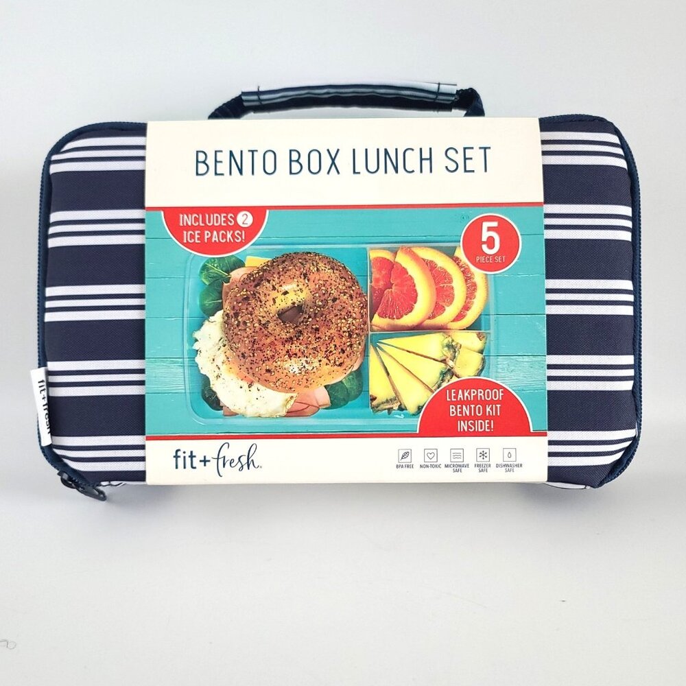 Fit & Fresh Bento Lunch Set 5 Pc Striped w 2 Ice Pack Insulated Zip Bag Navy NEW